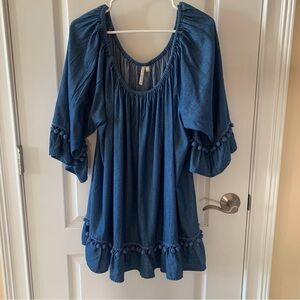 Grand & Greene Navy Blouse with Pom-Pom Trim